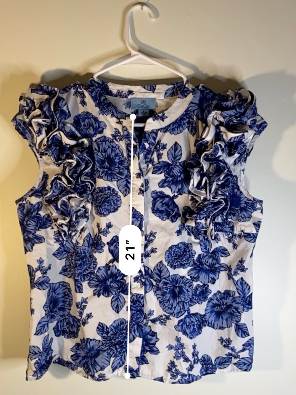 CeCe Blue and White Floral Ruffle Sleeve Blouse - Picture 12 of 12